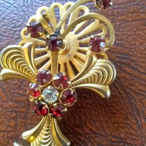 Vintage Brass and stones Brooch and earrings set